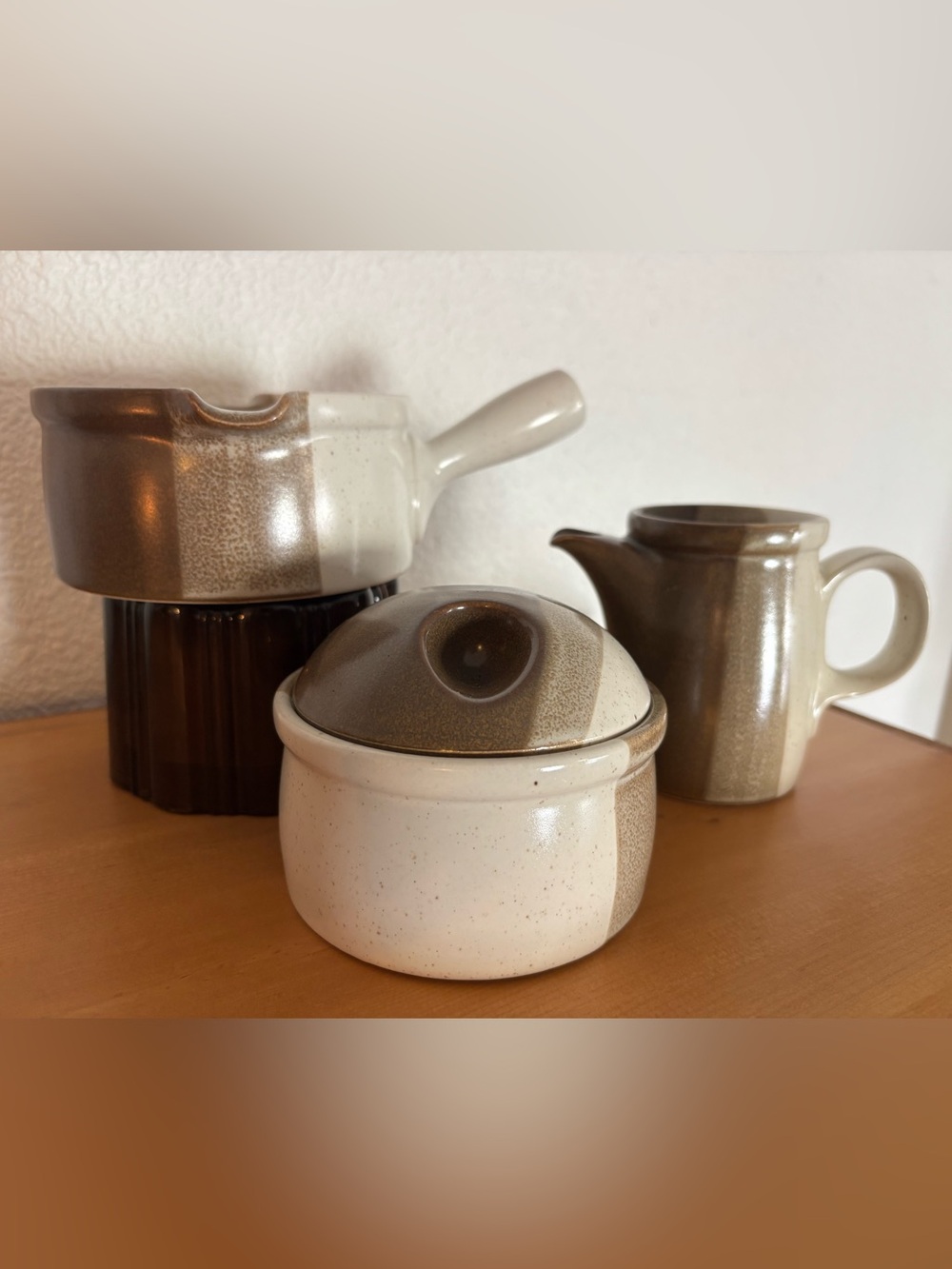 Mikasa Two-Tone Brown and Cream Ceramic Sugar Bowl, Creamer and Saucepan Set